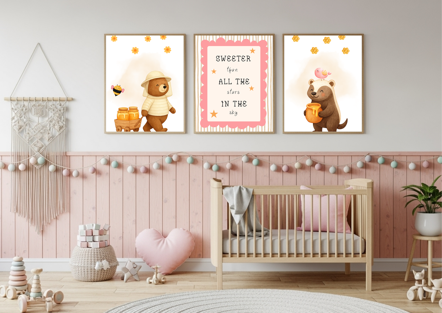 Nursery room with teddy bear-themed wall art and wooden crib.