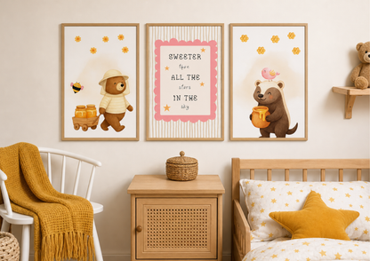 Nursery room with teddy bear-themed wall art and furniture.