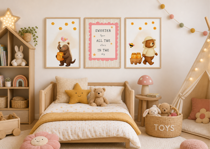 Children's bedroom with teddy bears, honey bee themed bear posters, and toys on a bed.