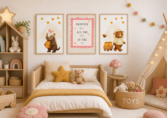 Children's bedroom with teddy bears, honey bee themed bear posters, and toys on a bed.