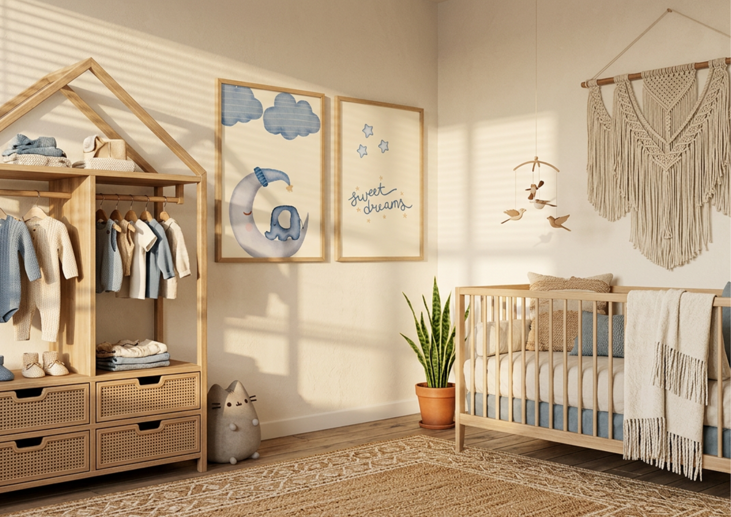 A bright and airy boho nursery featuring a house-shaped wooden wardrobe on the left, filled with tiny baby clothes and rattan drawers. In the center, two wooden-framed art prints are displayed on the wall: one of a whimsical elephant sleeping on a crescent moon and another with the text "sweet dreams." To the right, a natural wood crib is styled with blue bedding and a fringed cream throw, with a large macrame wall hanging and a bird mobile nearby. Warm sunlight filters through unseen blinds, casting soft h