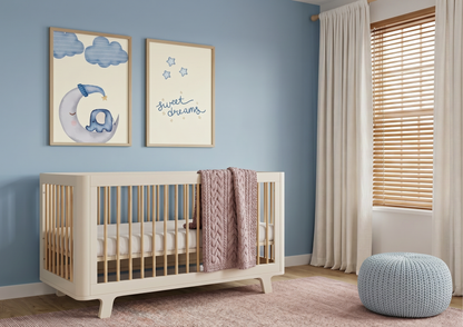 A modern and calming nursery featuring a soft blue accent wall. In the center, a cream-colored crib with light wood spindles is styled with a dusty pink cable-knit blanket. Above the crib, two wooden-framed art prints are displayed: one of a whimsical elephant sleeping on a crescent moon and another with the text "sweet dreams" in blue script. To the right, a window with wooden blinds and floor-to-ceiling cream curtains lets in gentle light, while a light blue textured floor pouf sits on a pinkish-toned rug
