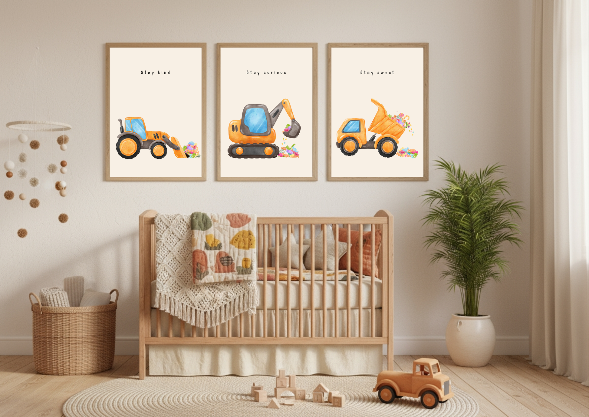 Set of three framed watercolor construction vehicle prints (Stay Kind, Stay Curious, Stay Sweet) hanging above a wooden baby crib in a modern nursery with a plant.