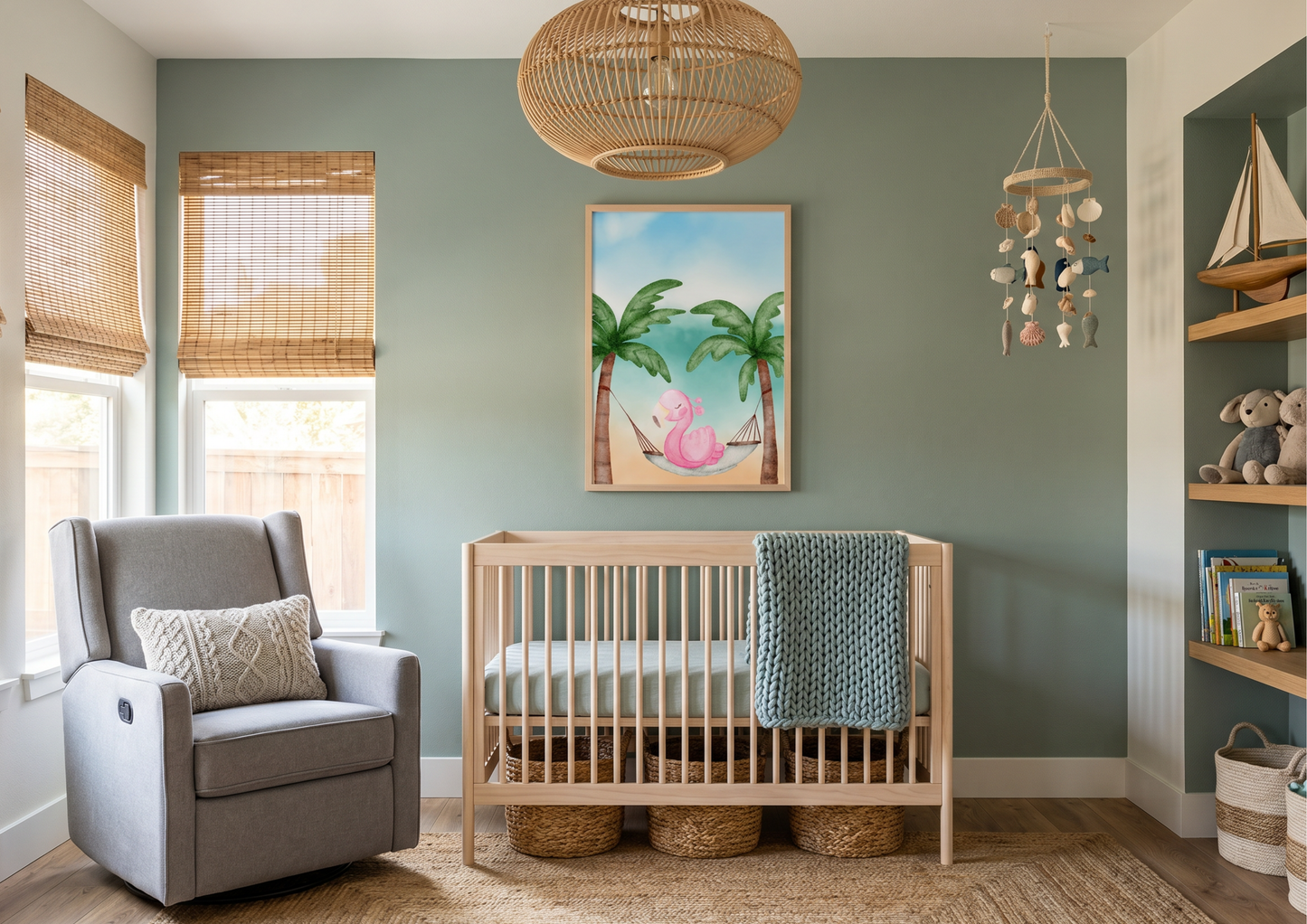 Watercolor flamingo nursery wall art featuring a pink flamingo in a tropical hammock between palm trees, framed above a light wood crib against a sage green wall. Coastal-themed baby room with a large rattan pendant light, a grey glider chair, and woven bamboo window blinds. Modern boho nursery decor with a light oak crib, textured jute rug, and sea-themed mobile with shells and fish.