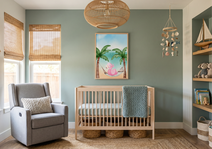 Watercolor flamingo nursery wall art featuring a pink flamingo in a tropical hammock between palm trees, framed above a light wood crib against a sage green wall. Coastal-themed baby room with a large rattan pendant light, a grey glider chair, and woven bamboo window blinds. Modern boho nursery decor with a light oak crib, textured jute rug, and sea-themed mobile with shells and fish.