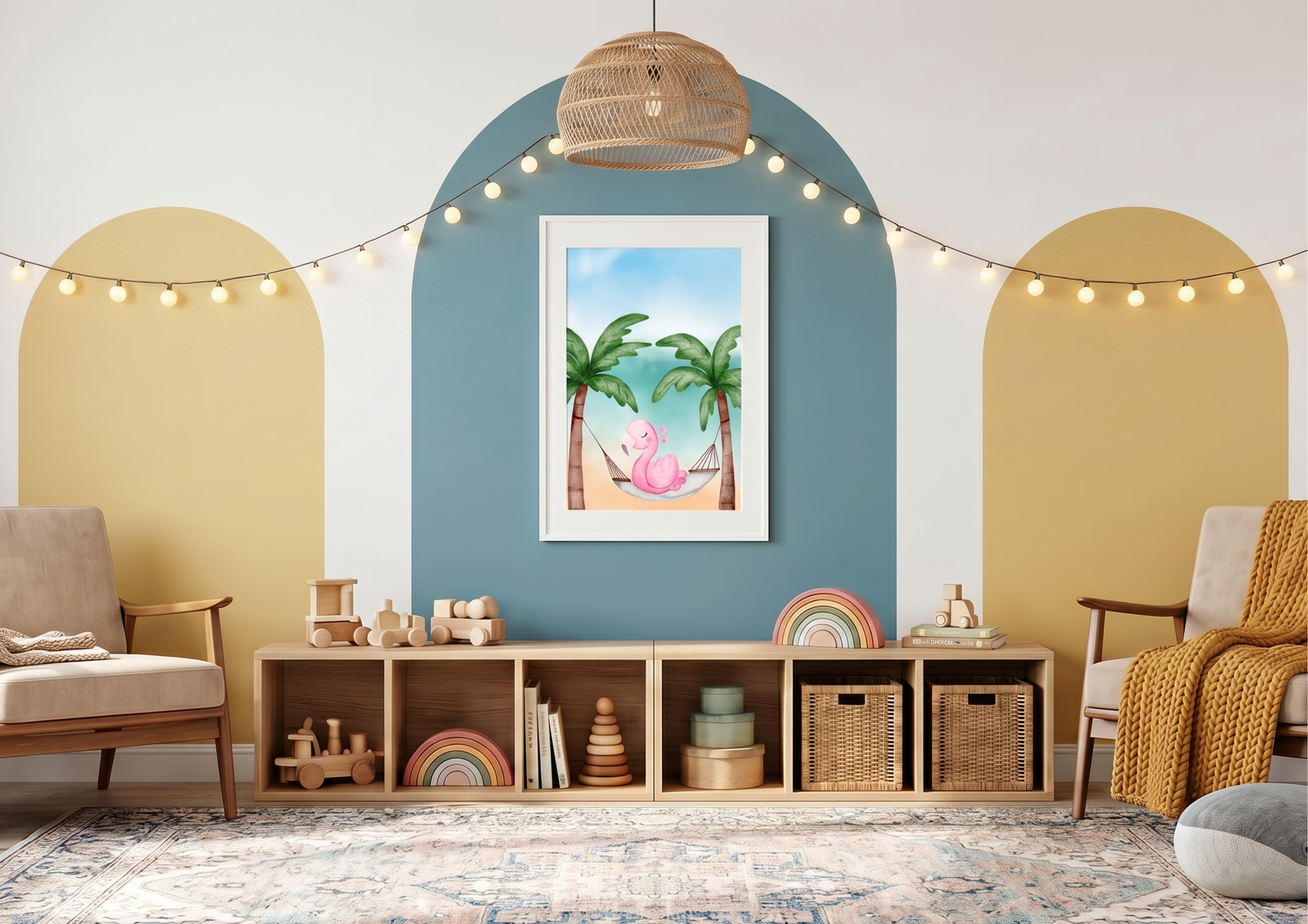
Watercolor flamingo nursery wall art featuring a pink flamingo in a tropical hammock between palm trees, framed within a central teal arch. Bohemian-style playroom with yellow accent arches, a large rattan pendant light, and warm string lights draped across the wall. Modern kids' room decor with a low wooden toy shelf, neutral armchairs with a mustard yellow knit throw, and an intricate patterned area rug.