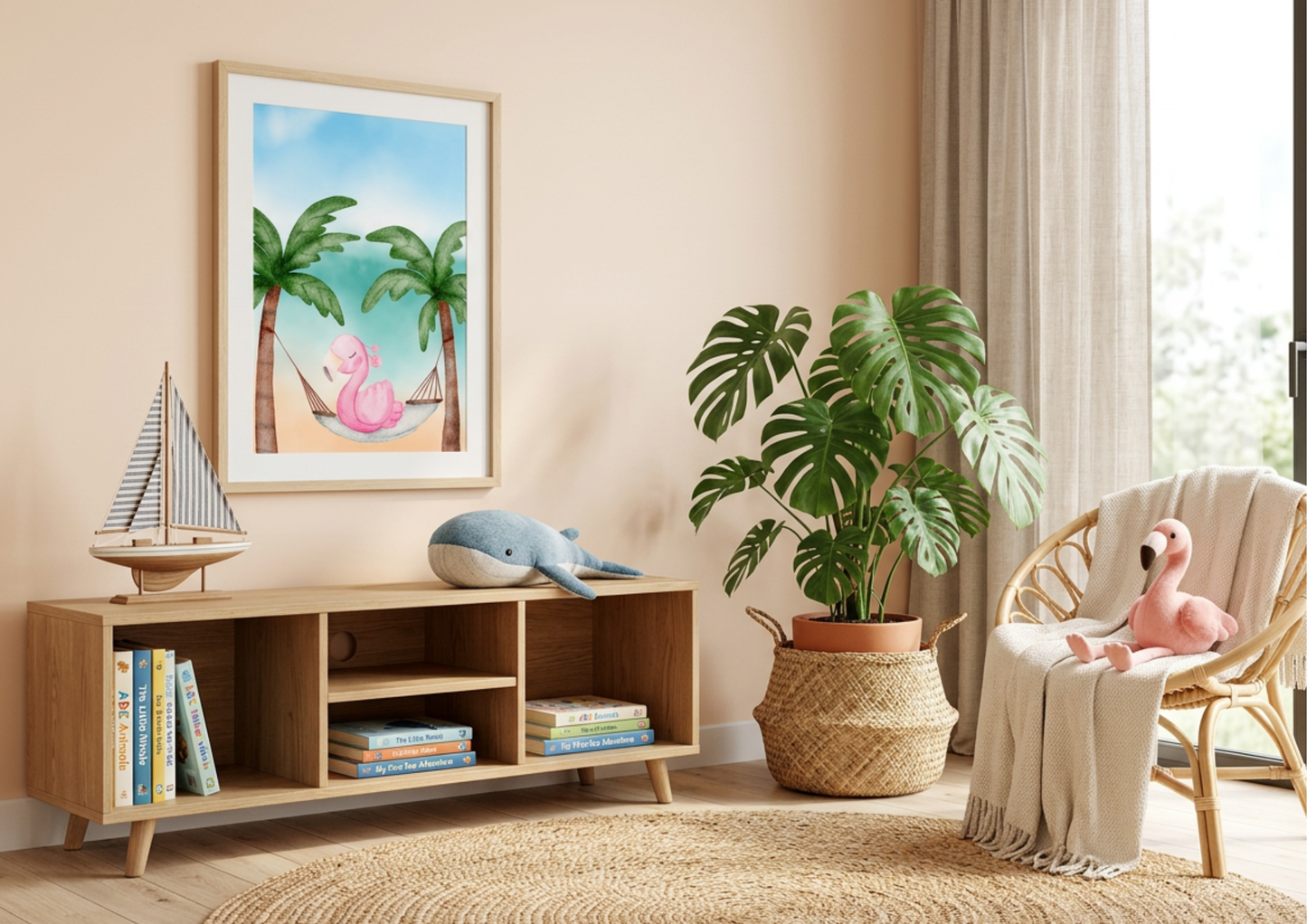 Watercolor flamingo nursery wall art featuring a pink flamingo in a tropical hammock between palm trees, framed on a peach wall. Coastal-themed playroom with a light wood media console, a model sailboat, and a plush blue whale toy. Modern boho nursery decor with a large Monstera plant in a woven basket, a rattan chair with a cream throw, and a round jute rug.