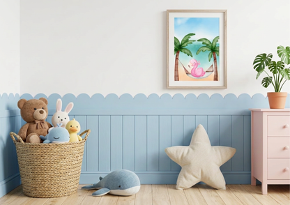Watercolor flamingo nursery wall art featuring a pink flamingo in a tropical hammock between palm trees, framed on a white wall above blue scalloped wainscoting. Coastal-themed playroom corner with a woven toy basket holding a teddy bear, bunny, and duck, alongside plush blue whale toys. Modern boho nursery decor with a light pink dresser, a Monstera plant in a terracotta pot, and a large star-shaped plush pillow on a wood floor.