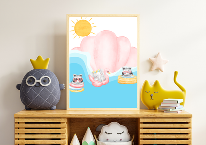 Watercolor print of two raccoons and an elephant in inflatable tubes and a swan float on blue water under a yellow sun, displayed in a nursery setting on a wooden dresser.