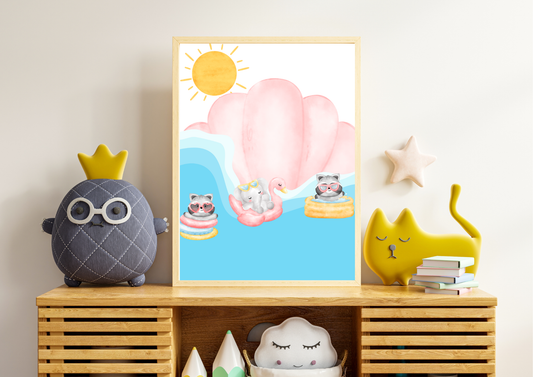 Watercolor print of two raccoons and an elephant in inflatable tubes and a swan float on blue water under a yellow sun, displayed in a nursery setting on a wooden dresser.