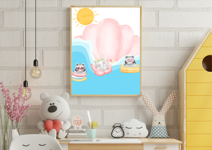 ramed watercolor print of swimming animals on a white brick wall above a children's desk, styled with a teddy bear holding a heart, a cloud pillow, and a yellow house shelf.
