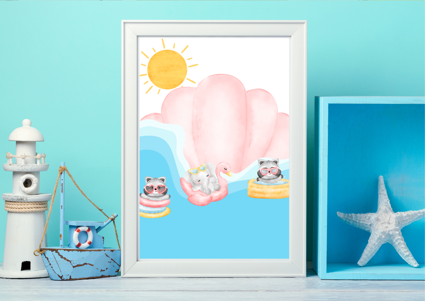 Framed digital print of cute animals swimming under a sun, styled on a wooden shelf with a miniature lighthouse, a small blue boat, and a white starfish inside a blue wooden cubby.