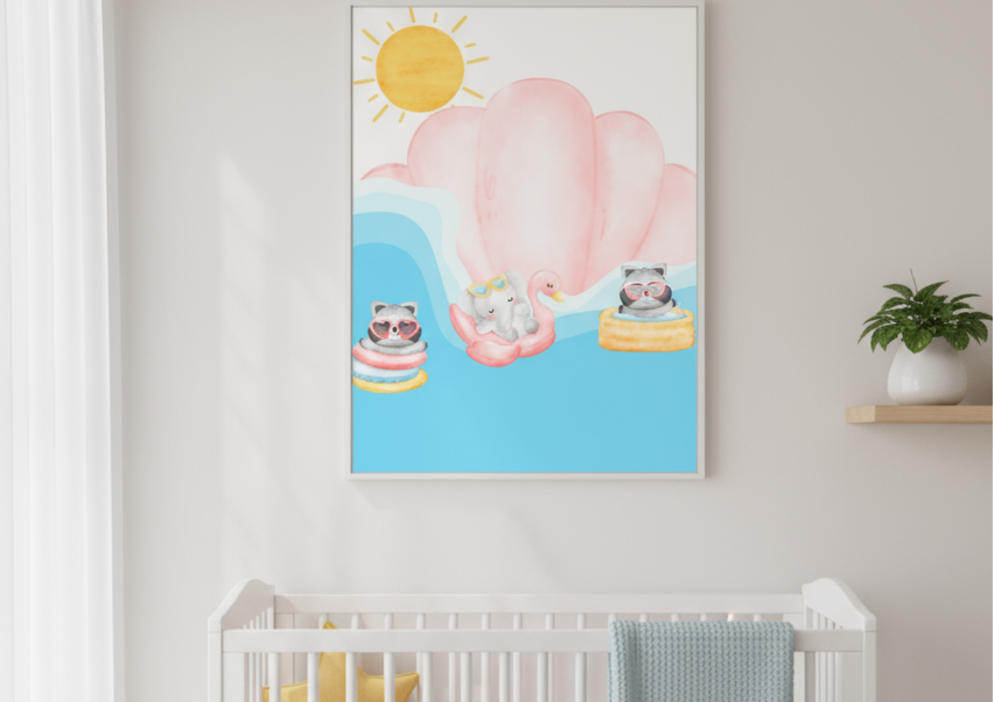 Large framed digital print of raccoons and an elephant in floats on blue water, hanging above a white crib in a bright nursery with sheer white curtains.