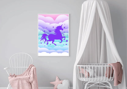 A purple unicorn silhouette wall art print hanging on a gray wall in a nursery with a crib and a rocking chair.