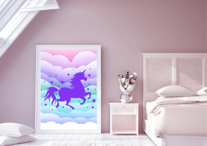 A white-framed art print of a purple unicorn silhouette hanging on a pink wall in a bedroom with a bed and a bedside table.