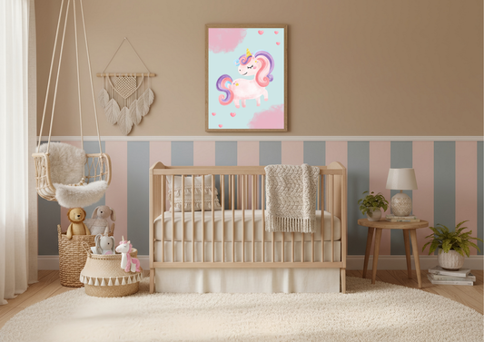 Nursery room with wooden crib, colorful unicorn wall art, and striped wallpaper.