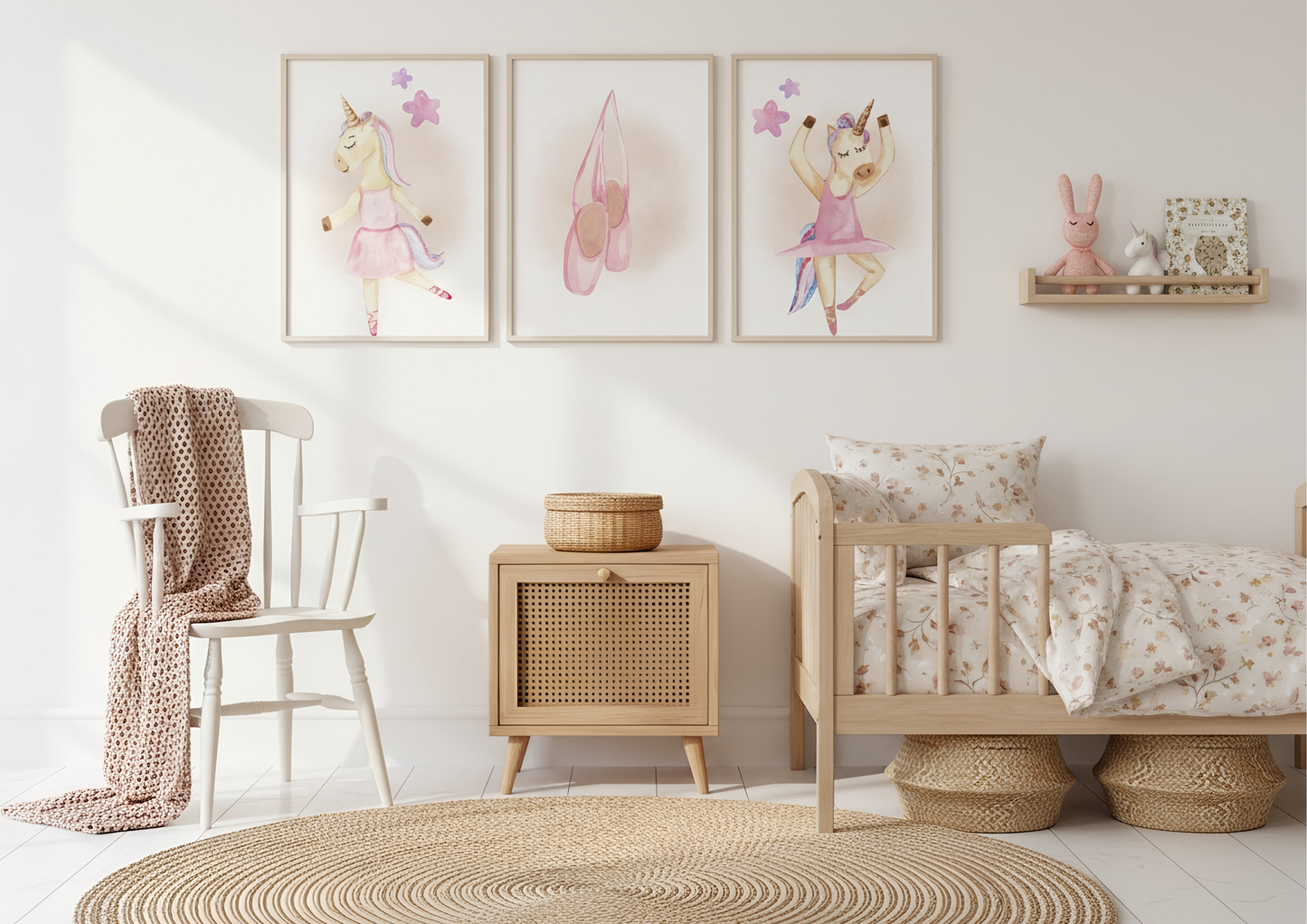 Nursery room with wooden crib, dresser, and unicorn wall art in a child's room.