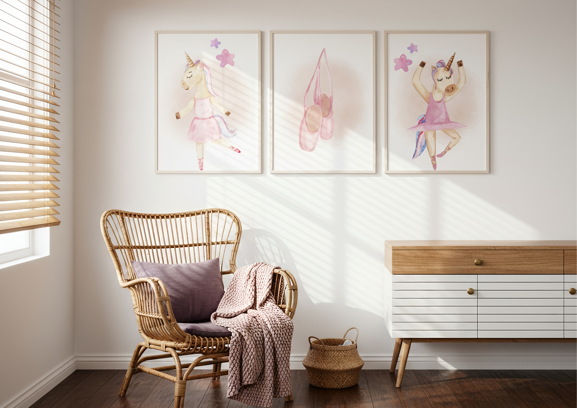 Children's room with wicker chair, dresser, and a set of three wall art of unicorn ballerinas.