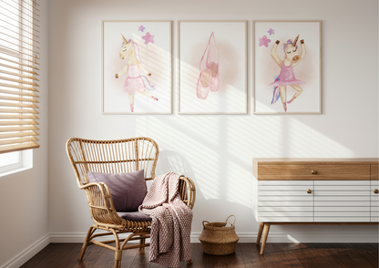 Children's room with wicker chair, dresser, and a set of three wall art of unicorn ballerinas.