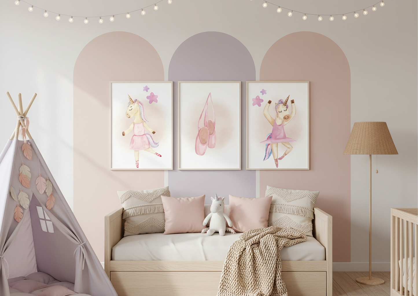 Children's bedroom with pink and purple wall, sofa, unicorn ballerina wall art, and decorative items.