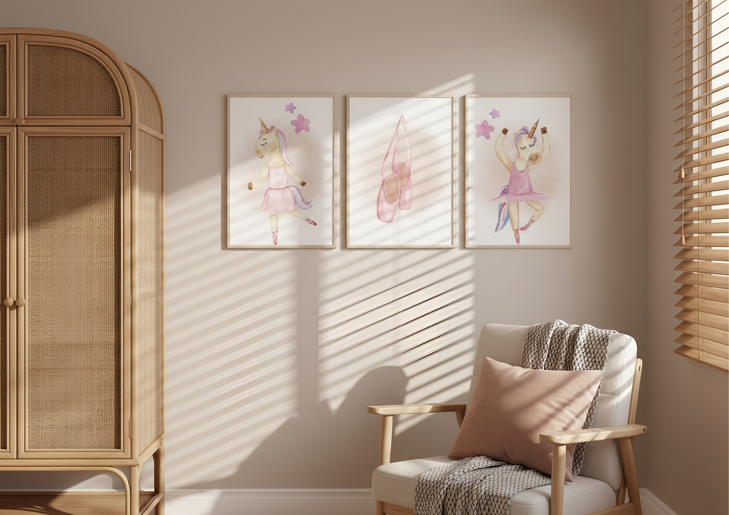 Nursery room with unicorn framed artwork , wooden wardrobe, and chair with pillow.