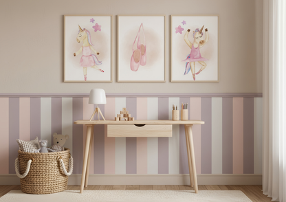 Children's room with unicorn-themed wall art and a wooden desk.