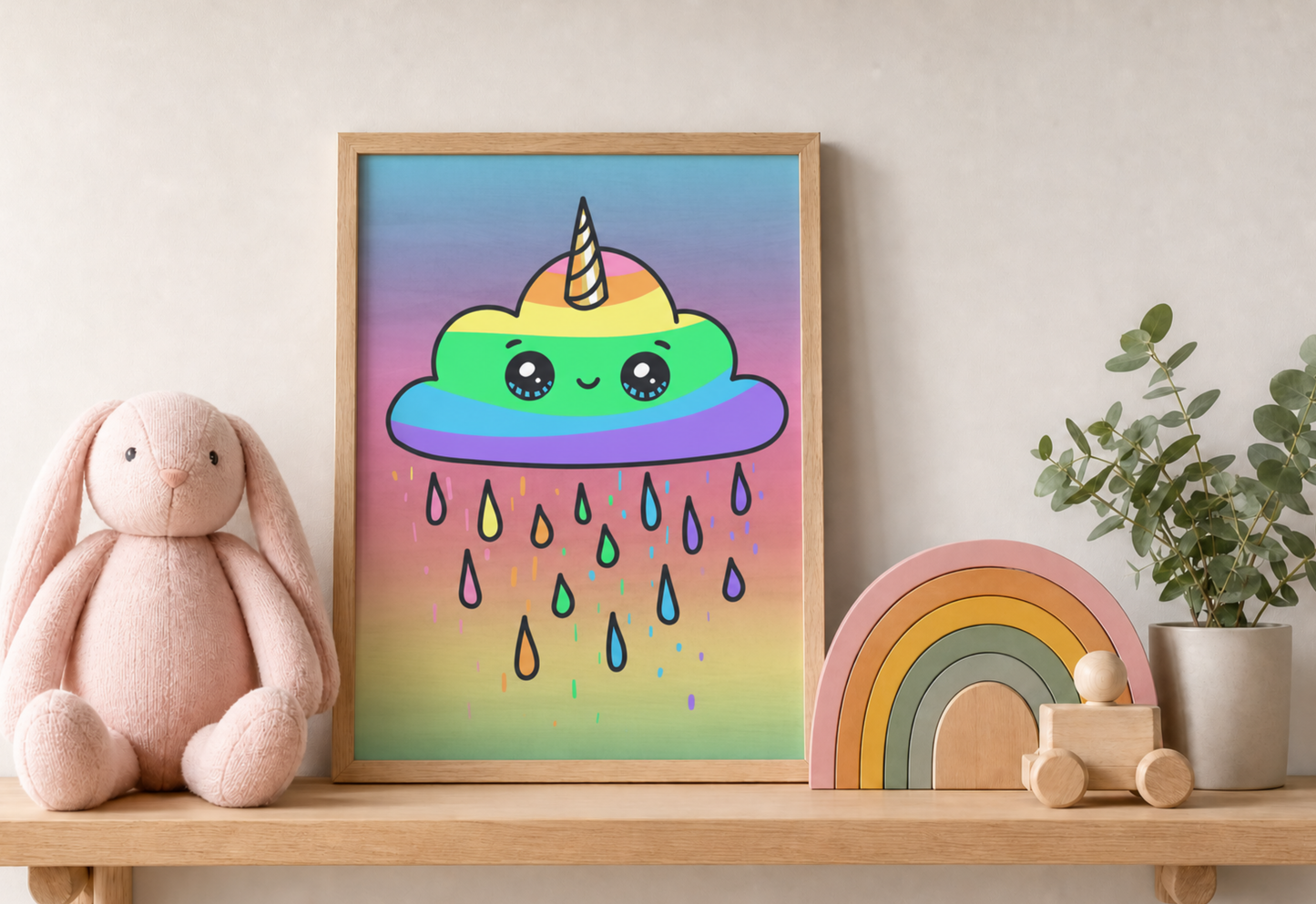 A framed pastel art print featuring a cute smiling cloud unicorn with rainbow stripes and raindrops, styled on a wooden shelf next to a pink plush bunny, a wooden rainbow toy, and a potted plant against a light beige wall.