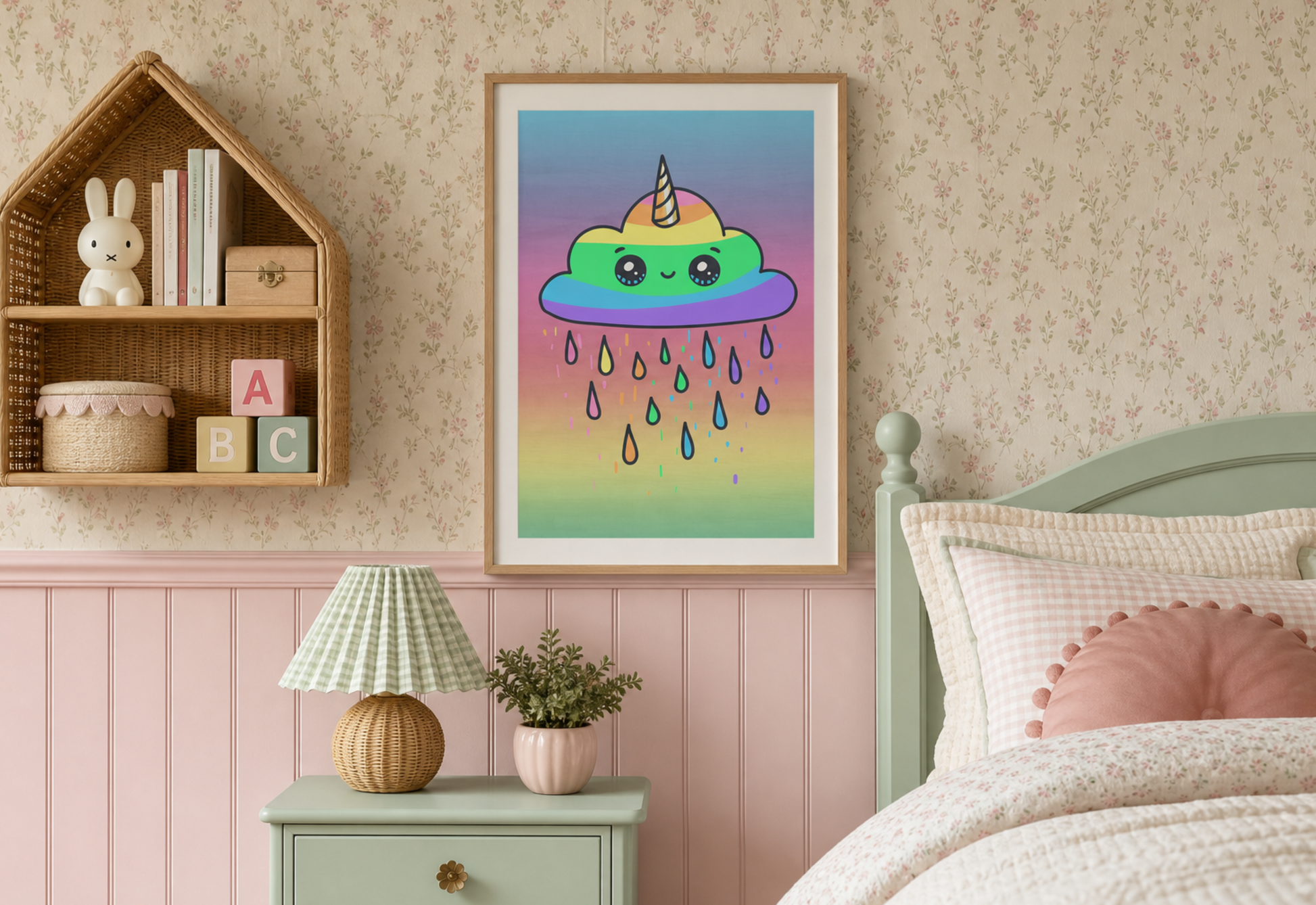 A framed pastel unicorn cloud art print hangs on a pink and floral wallpapered bedroom wall above a nightstand with a lamp and plant, next to a bed.