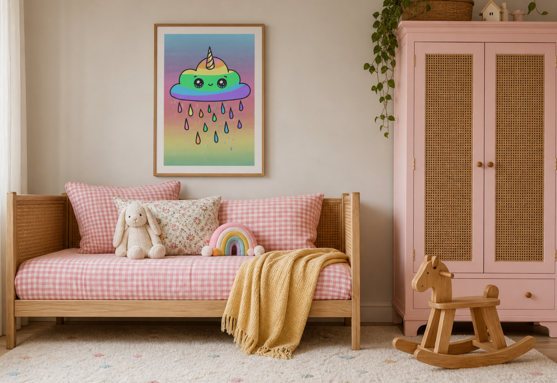 A framed pastel unicorn art print hangs on a beige wall above a wooden daybed with pink gingham bedding, a plush bunny, and a yellow throw blanket in a styled children's room.