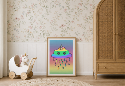 A framed pastel art print of a cute rainbow cloud unicorn raining drops, styled in a child's nursery next to a wooden wardrobe and toy stroller.