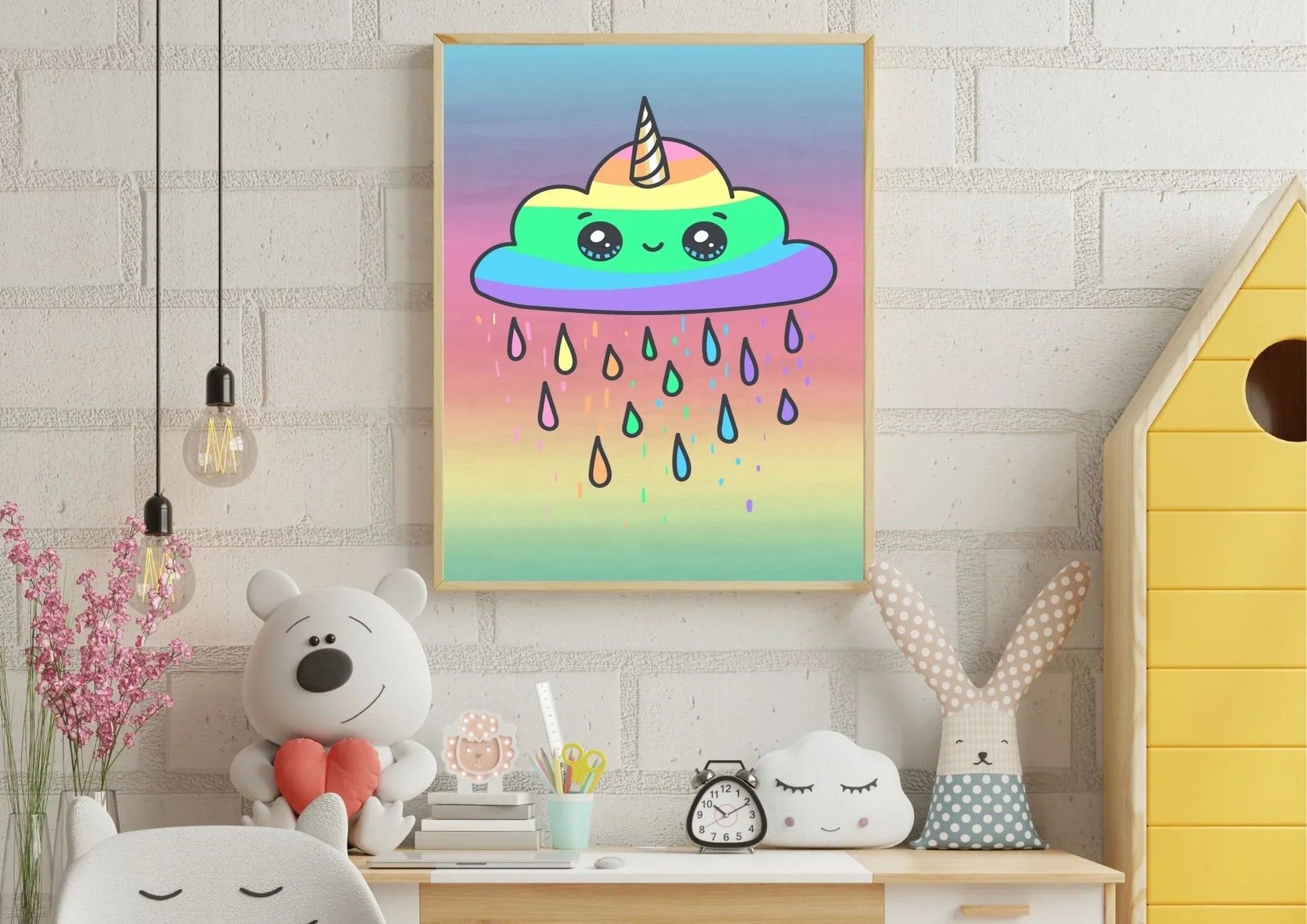 Colorful unicorn cloud painting on a wall with decorative items below.