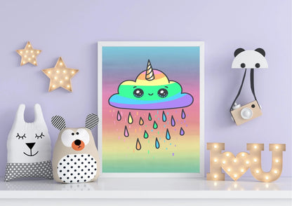 Colorful rainbow cloud with a unicorn horn framed on a wall with decorative items.