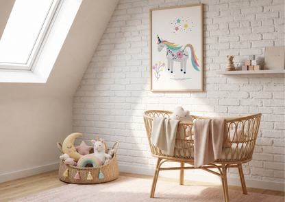 Nursery room with wooden crib, toy basket, and unicorn-themed wall art.