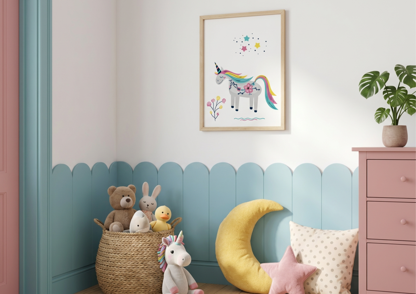 Children's room with a unicorn poster, toys, and a pink dresser.