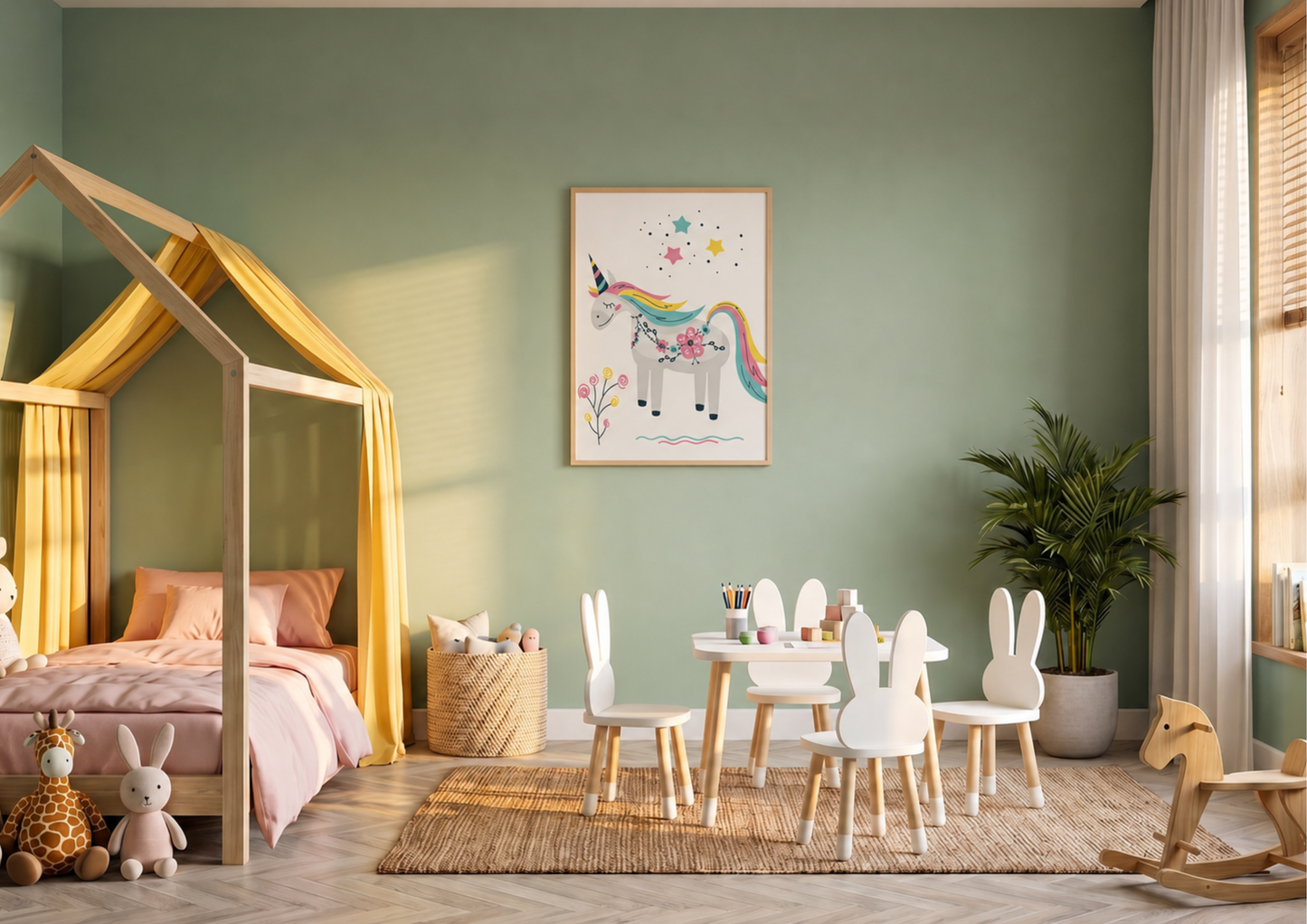 Children's room with a bed, toys, and a dining area with chairs.