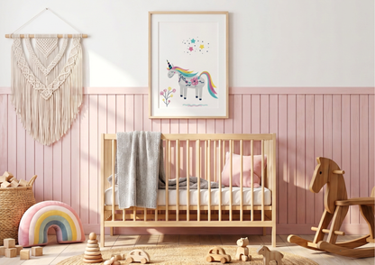 Nursery room with wooden crib, colorful toys, and a unicorn poster on a pink wall.
