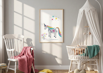 Children's room with a unicorn poster on the wall, white chair with pink blanket, and crib with canopy.