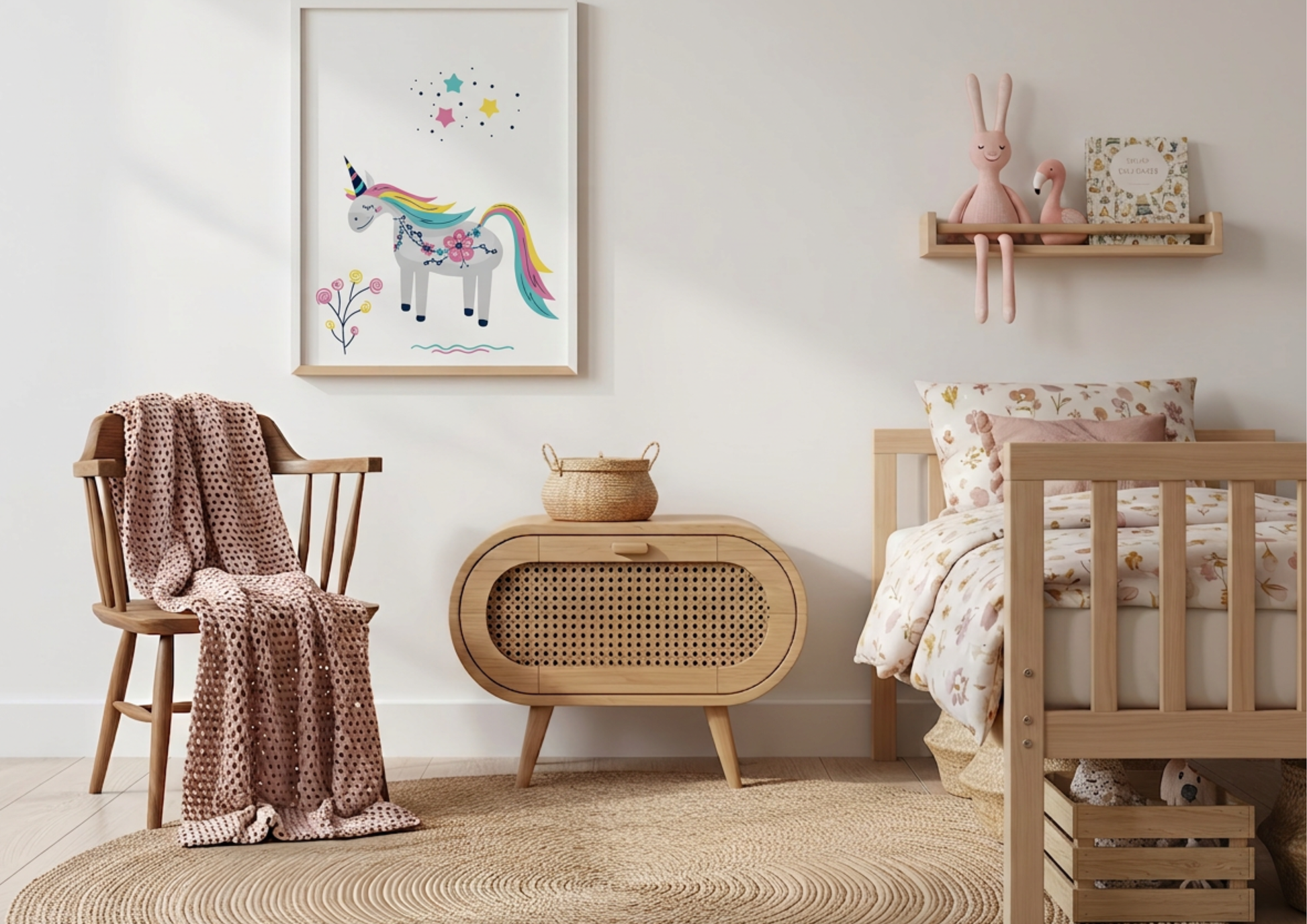 Nursery room with wooden furniture, crib, and decorative items.