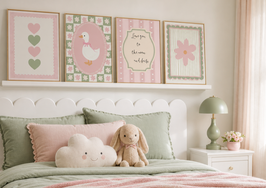 Children's bedroom with vintage gingham framed artwork, plush toys, and a lamp.
