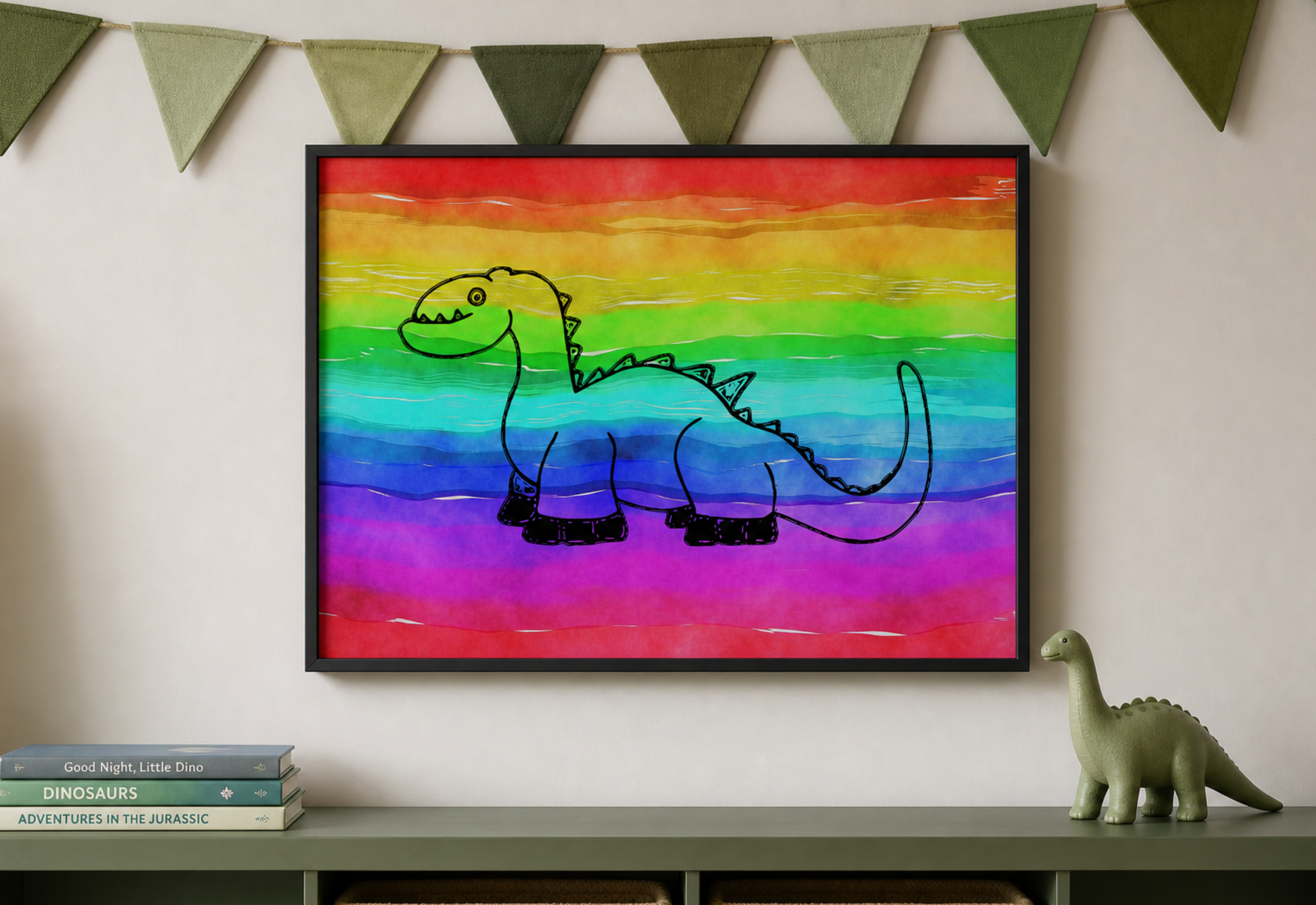 A framed art print featuring a black line drawing of a dinosaur on a vibrant rainbow watercolor background, displayed on a wall above a shelf with books and a small dinosaur figurine.