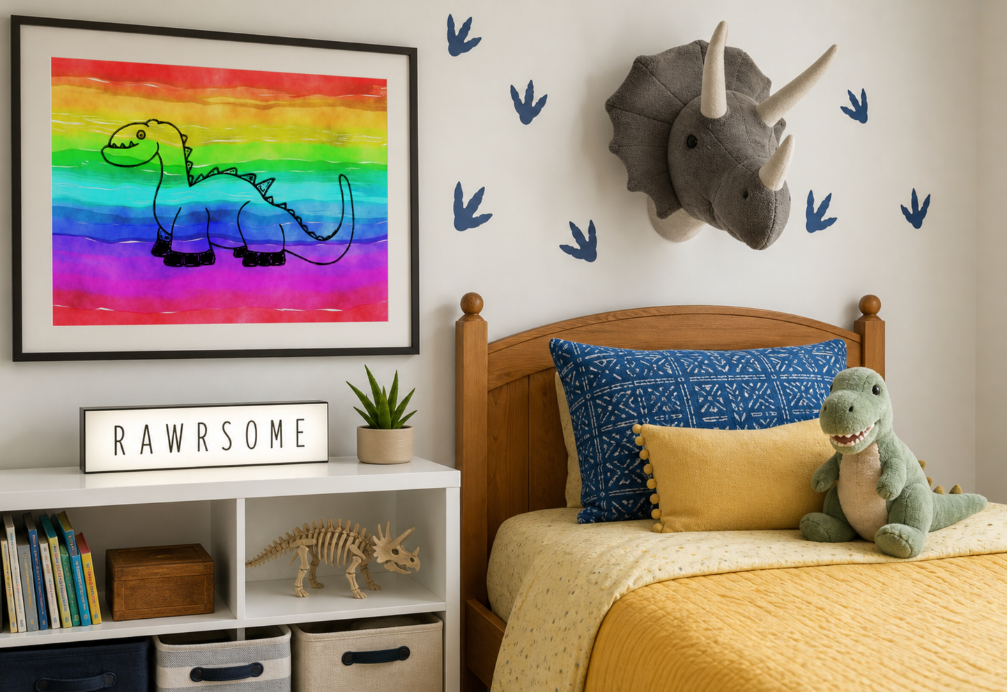 A framed wall art print featuring a black line drawing of a long-neck dinosaur on a bright rainbow watercolor background, displayed in a styled children's bedroom above a bed with dinosaur-themed decor.
