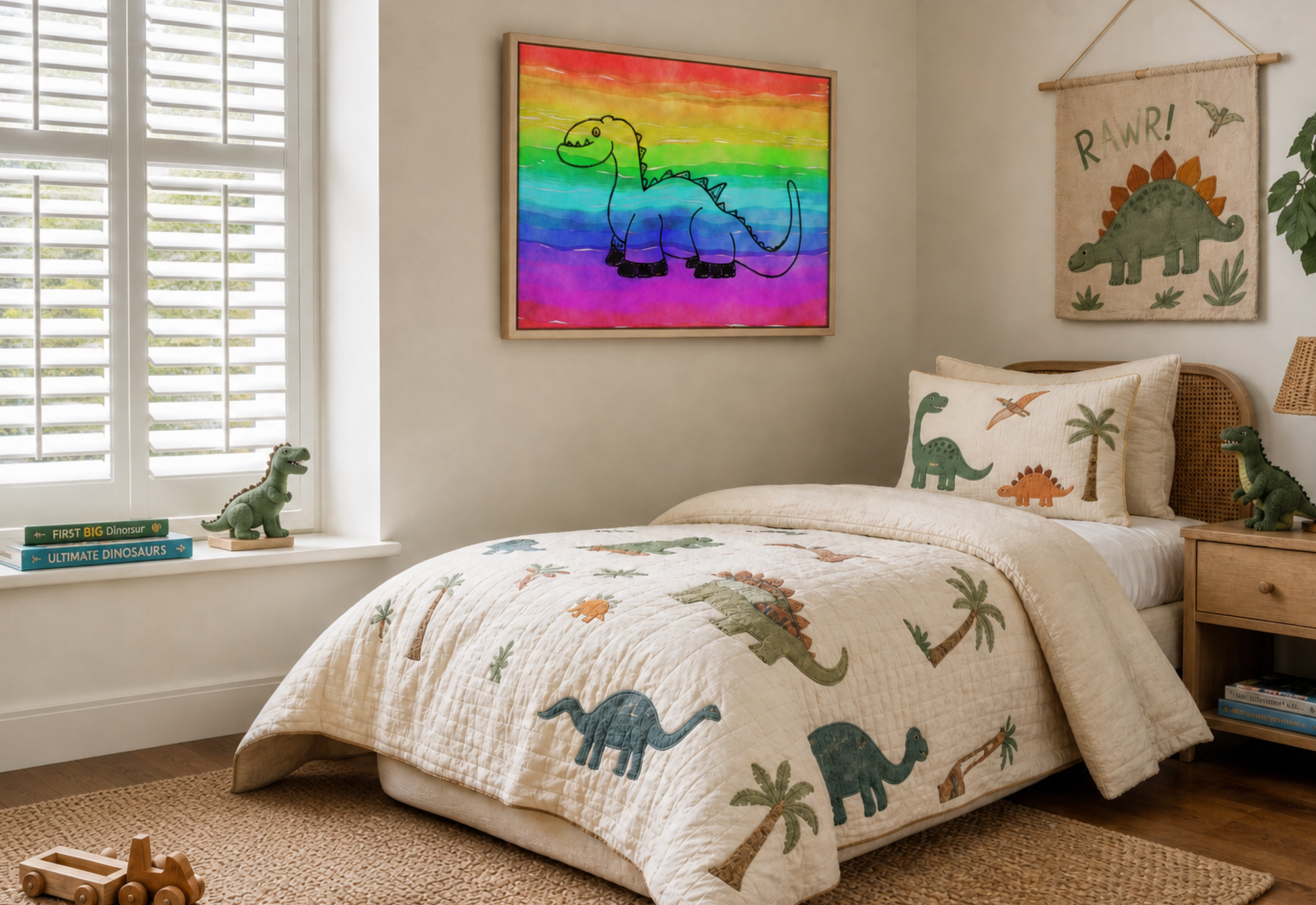 A children's bedroom featuring a quilted cream dinosaur-print comforter and matching pillow shams, with matching wall art and a window in the background.