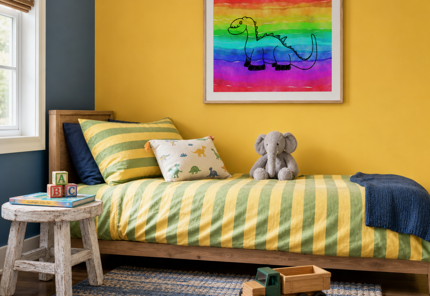 A styled children's bedroom featuring a wooden bed with yellow and green striped bedding, a gray elephant plush toy, a small rustic stool, and a colorful framed dinosaur painting on a yellow wall.