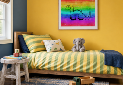 A styled children's bedroom featuring a wooden bed with yellow and green striped bedding, a gray elephant plush toy, a small rustic stool, and a colorful framed dinosaur painting on a yellow wall.