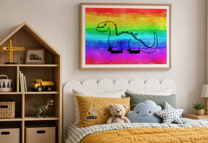 A framed children's wall art print featuring a simple black dinosaur outline on a bright rainbow watercolor background, displayed above a bed in a styled nursery room.