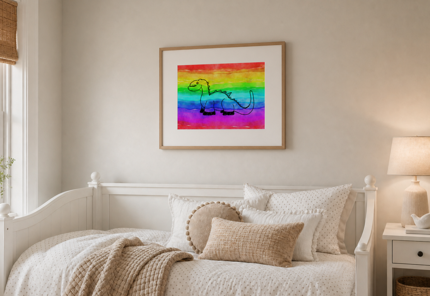 A framed art print featuring a black line drawing of a dinosaur on a vibrant rainbow watercolor background, styled on a neutral beige wall above a white bed in a cozy bedroom setting.