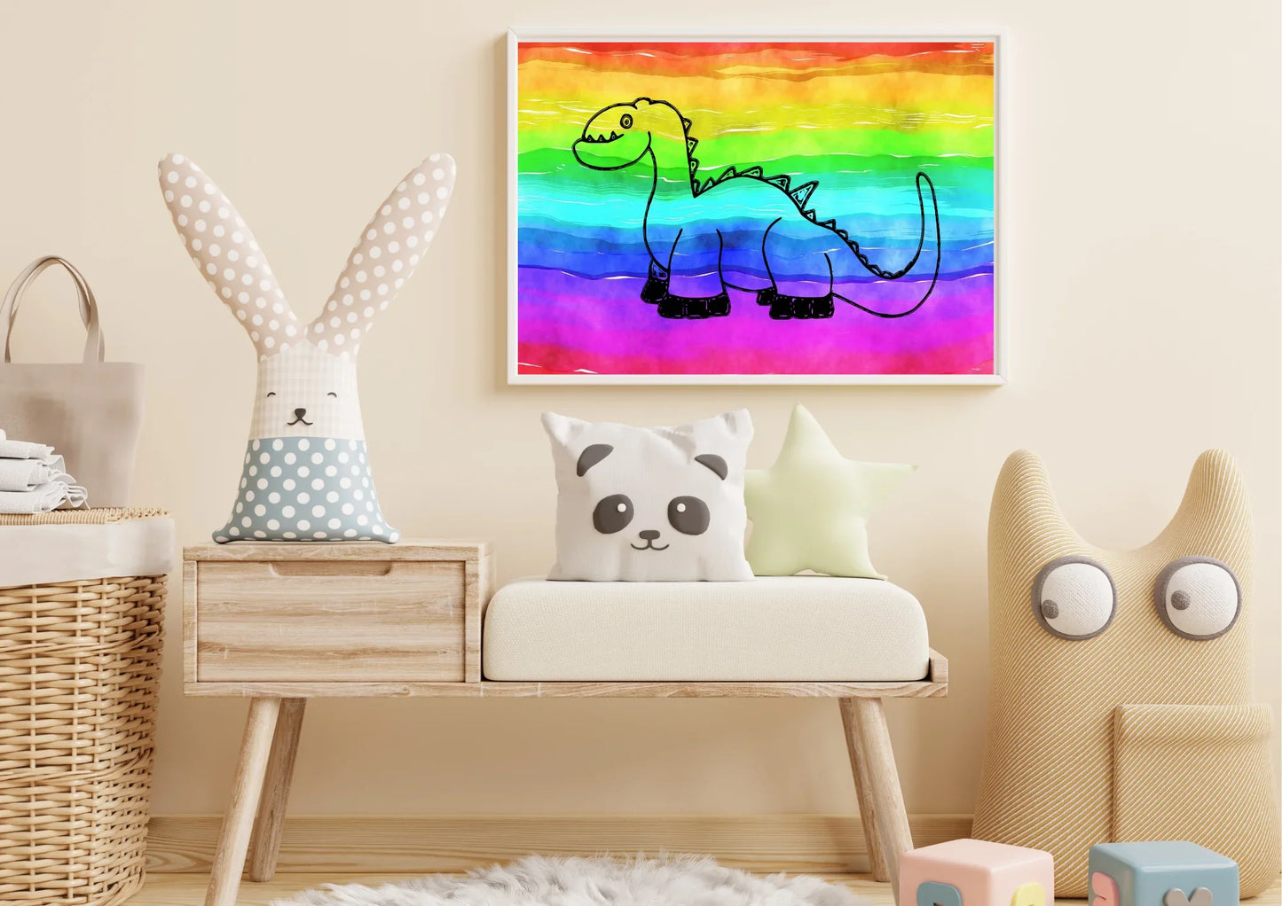 Children's room with a colorful dinosaur painting on the wall, rabbit-shaped lamp, panda pillow, and toy cars.