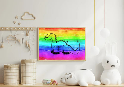 Framed drawing of a dinosaur on a rainbow background in a child's room.