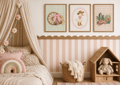 Children's bedroom with pink striped wallpaper, framed artwork, and a teddy bear.