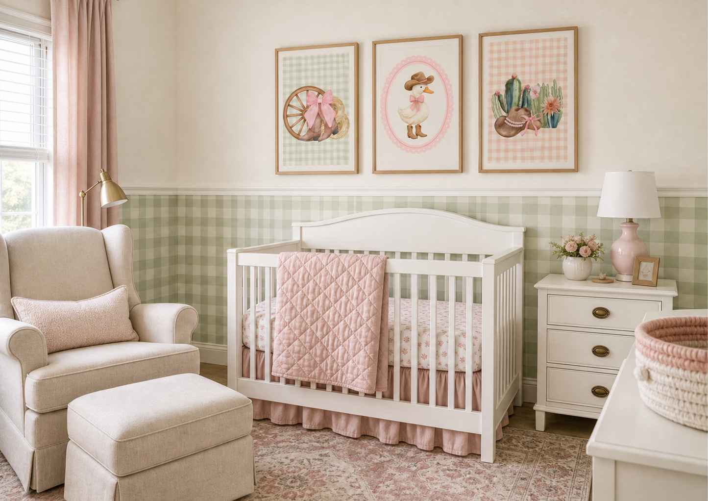 Girl's gingham western nursery art.